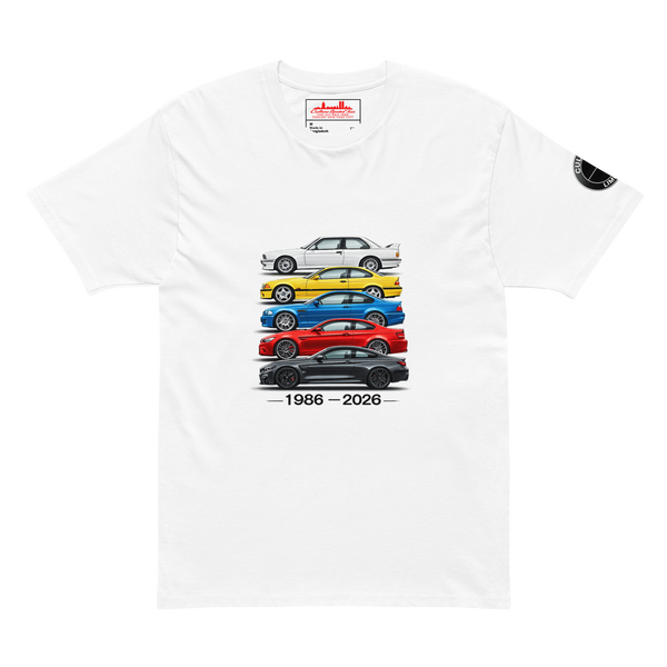 Front view of the BMW M3 and M4 Evolution 1986–2026 graphic t-shirt in white featuring five generations of BMW M performance cars stacked chronologically. A heritage-inspired design for true M enthusiasts and German performance fans.