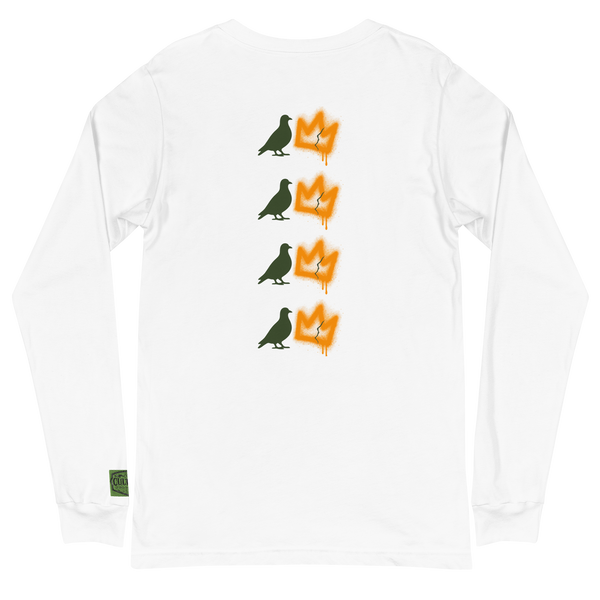 The Fly Era olive crown long sleeve in white with Harlem pigeon artwork - product view 1