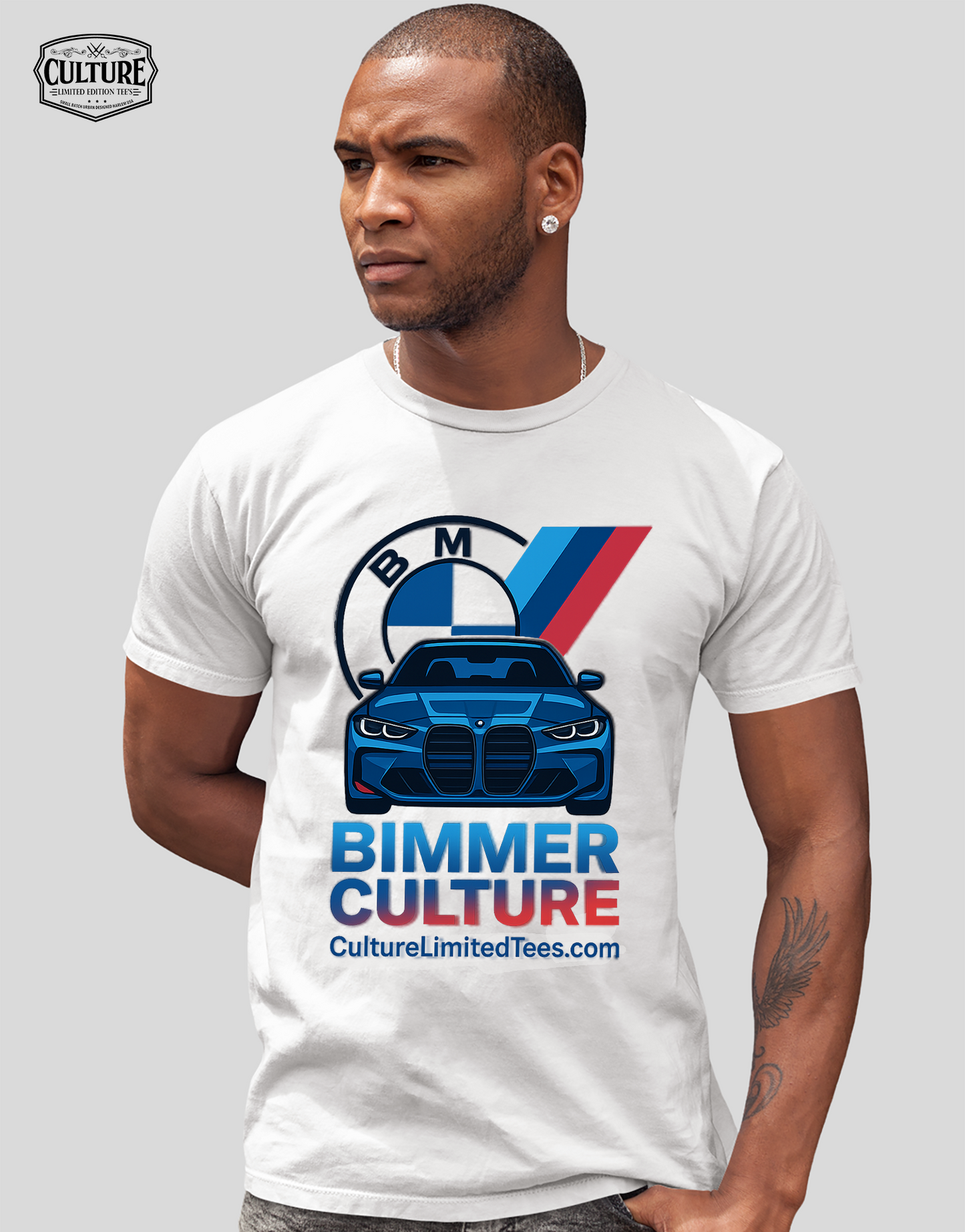 Man wearing a white t-shirt with a BMW G80 M4, Bimmer logo and 'Bimmer Culture' text on a gray background