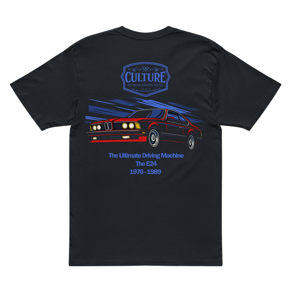 Dark Navy t-shirt with BMW E24 car graphic and 'Culture' branding on a white background