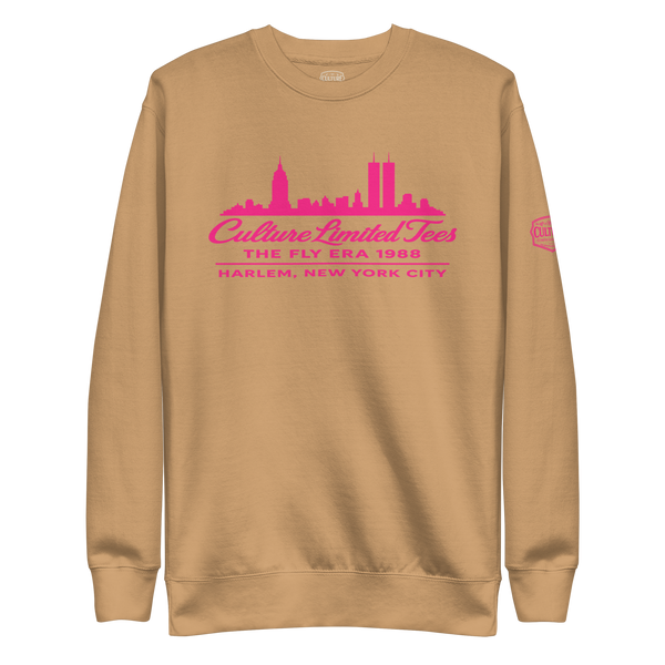 Pink Fly Era 1988 premium crewneck with Manhattan Twin Towers skyline graphic - product view 1