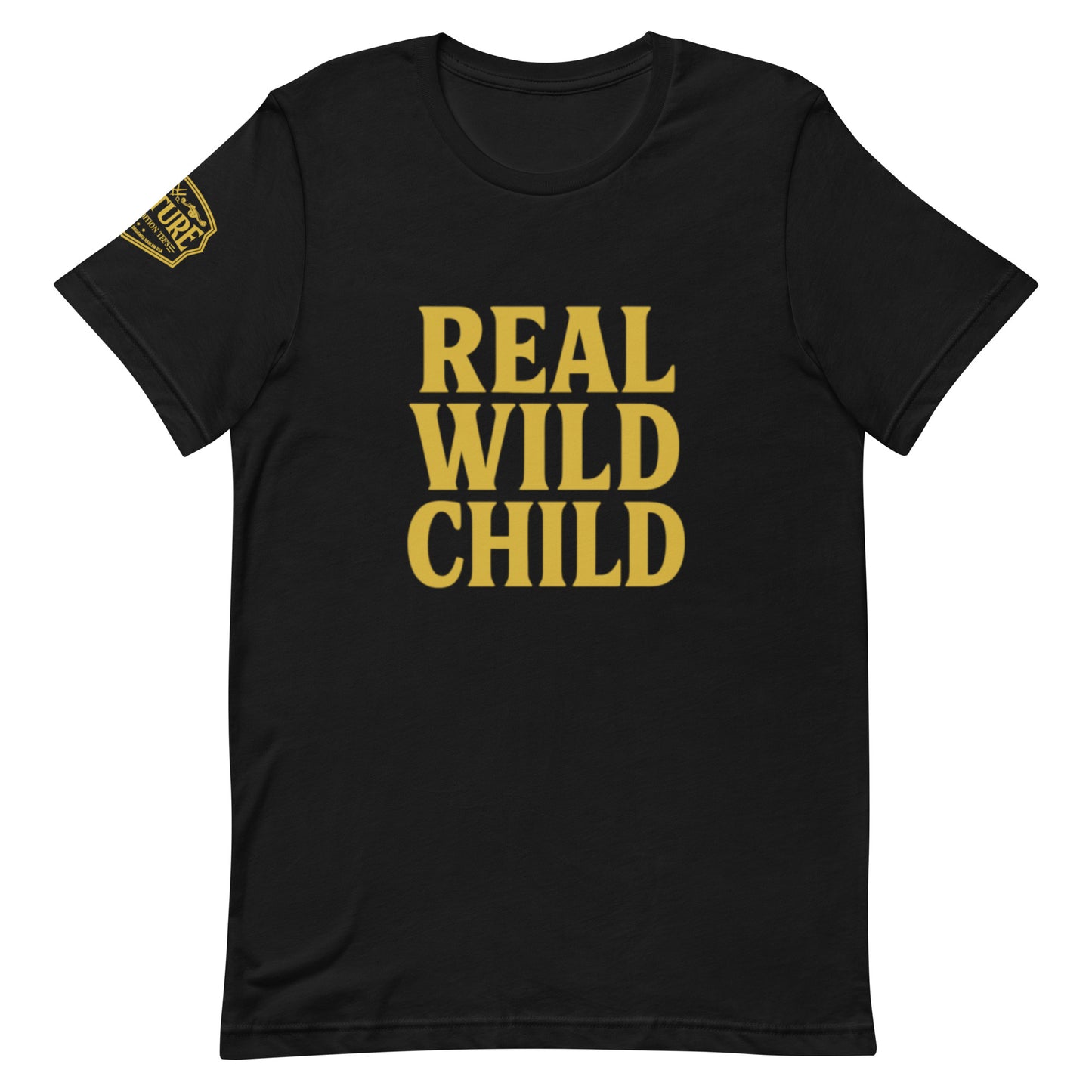 Product mockup Women’s tee with “Real Wild Child” in bold gold letters, available in white and black, gold Culture logo on sleeve