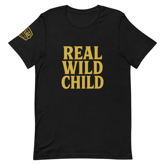 Product mockup Women’s tee with “Real Wild Child” in bold gold letters, available in white and black, gold Culture logo on sleeve