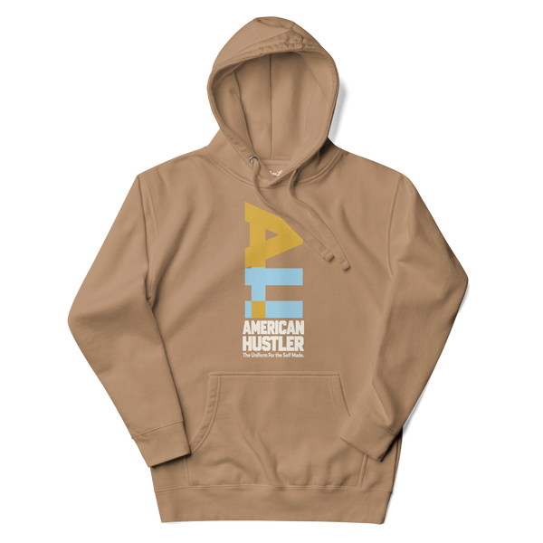 American Hustler Benet Wheat Unisex Hoodie in Latte, full front view, gold and pale blue AH artwork