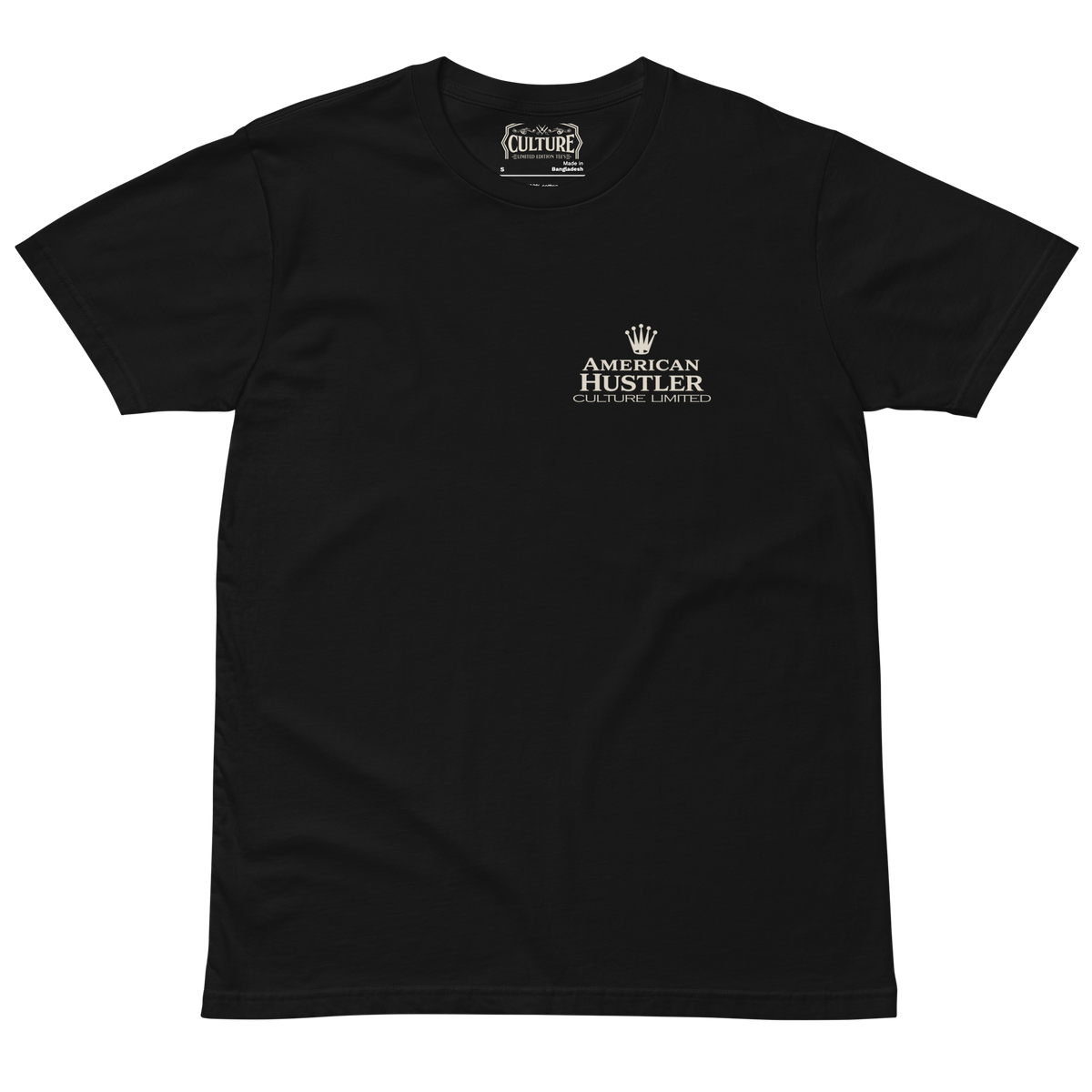 American Hustler Black Minimalist Tee, Bone White Logo
