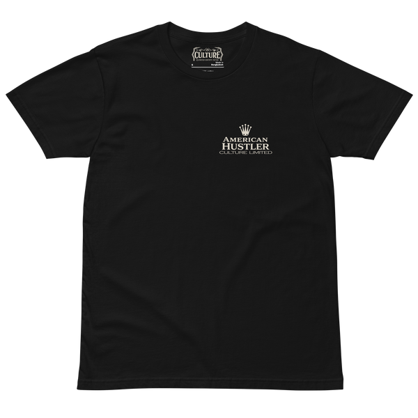 American Hustler black minimalist tee with bone white logo - product view 1