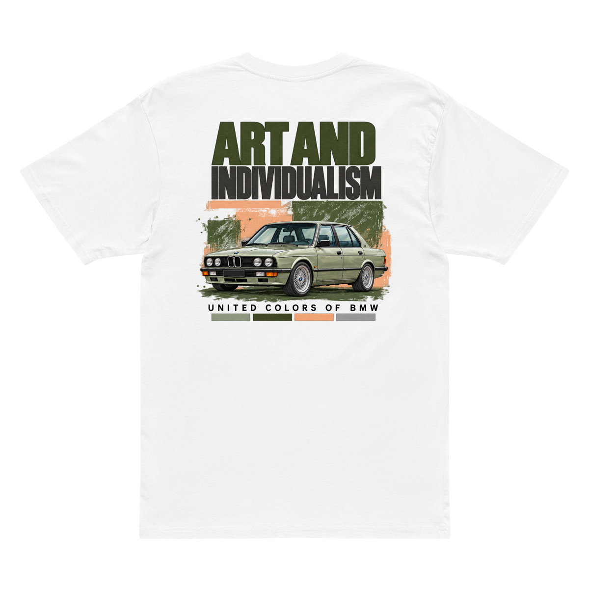 Art and Individualism E28 tee in White, back view with the sage sedan artwork