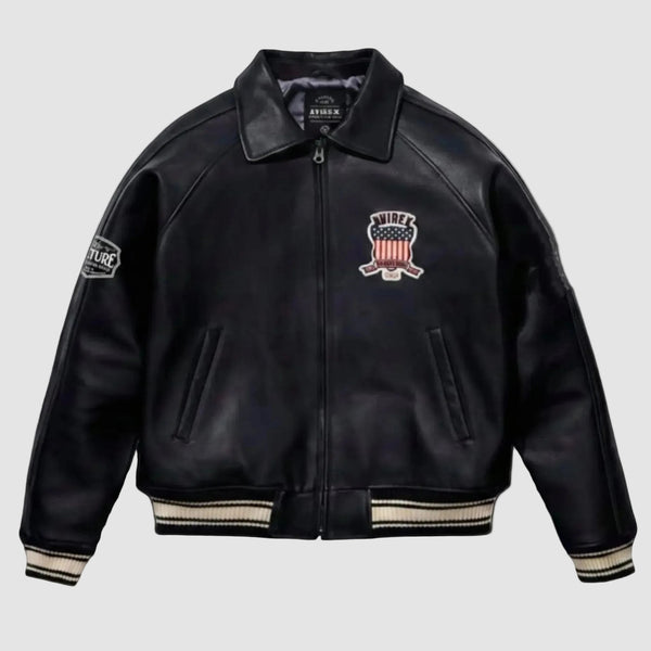 Black leather jacket with a logo on a white background