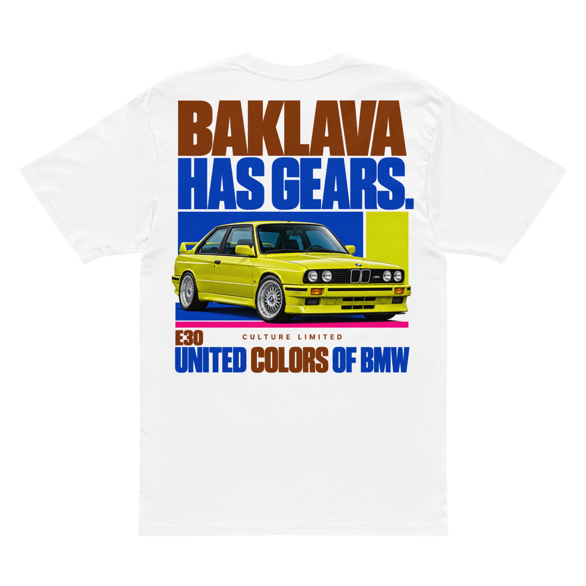 Baklava Has Gears E30 tee in White, back view with the complete coupe graphic
