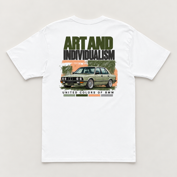 Bimmer Culture Art and Individualism E28 white tee, back view on a warm neutral background