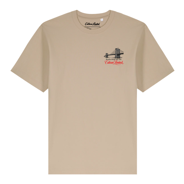 Brooklyn Bridge 1883 NYC Architectural Heritage heavyweight tee in Desert Dust, front view with bridge illustration and red Culture Limited script on the left chest