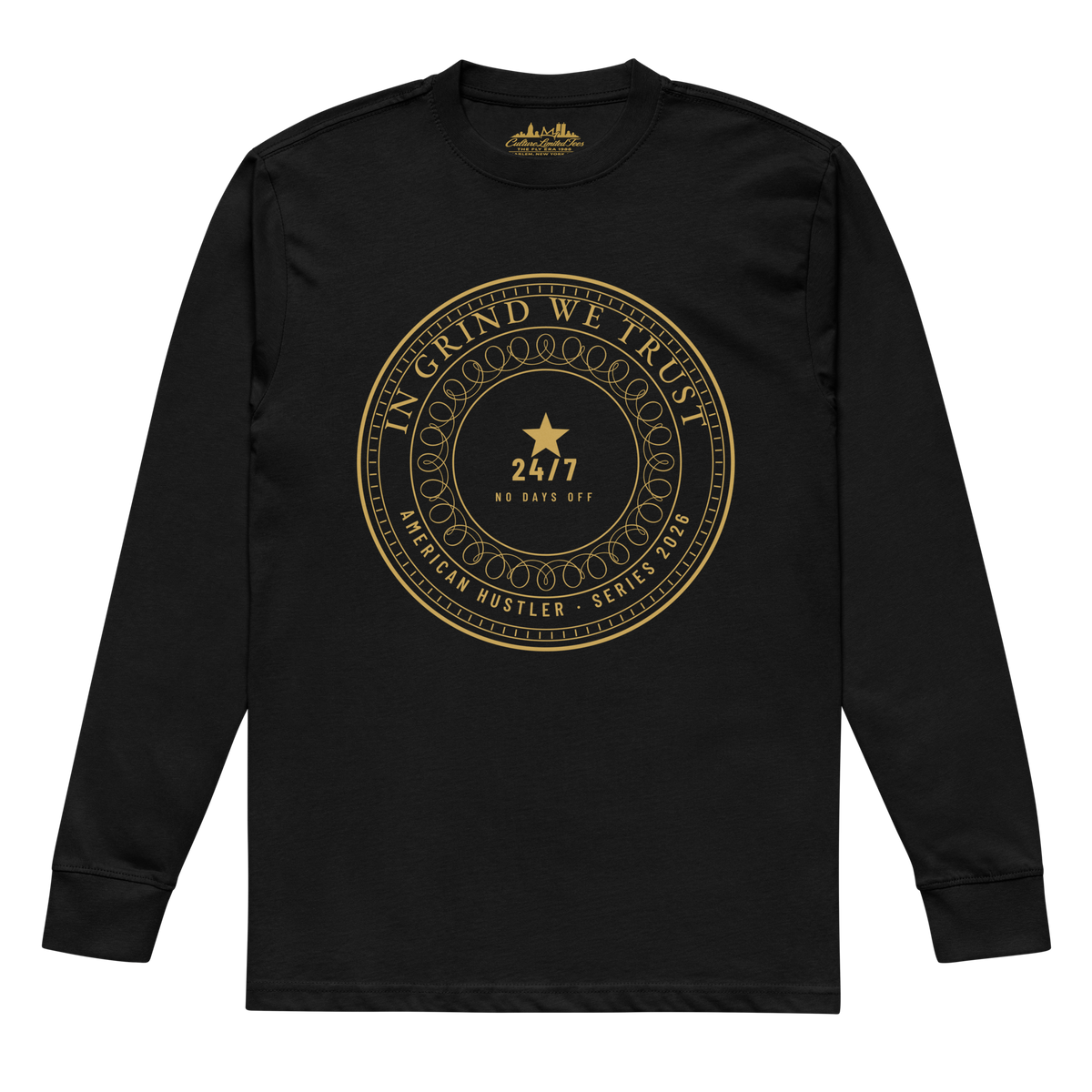 Black Culture Limited American Hustler In Grind We Trust heavyweight long sleeve front