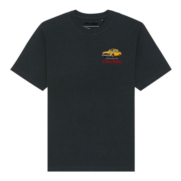 Checker Cab heavyweight tee in Black, front with yellow New York cab and red Culture Limited left-chest emblem