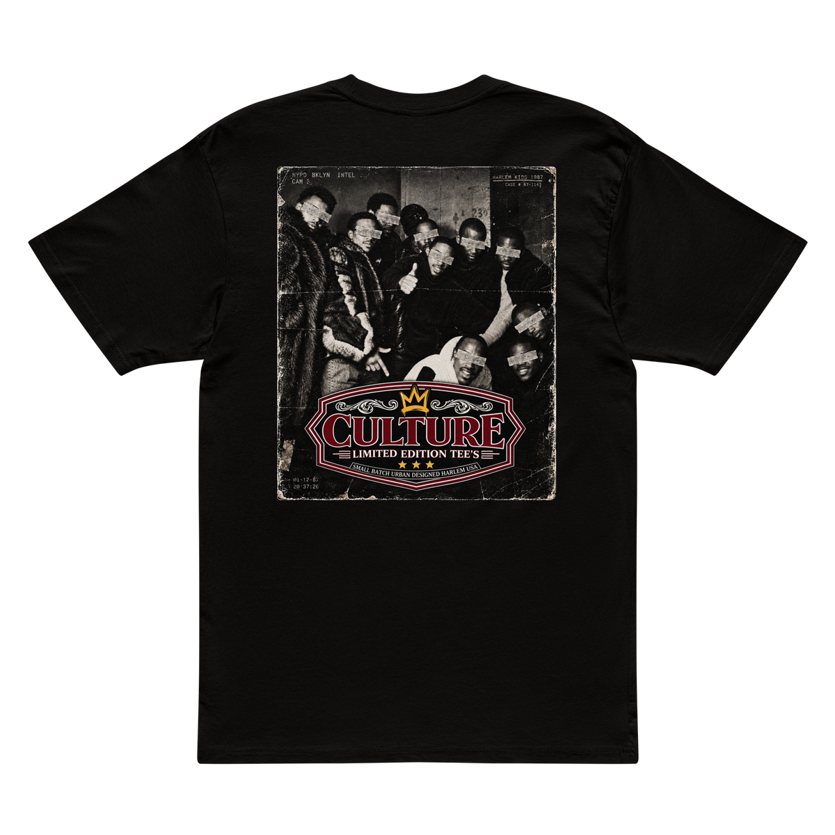 Culture Limited Harlem Kids 1987 premium tee back view with surveillance-style Harlem graphic