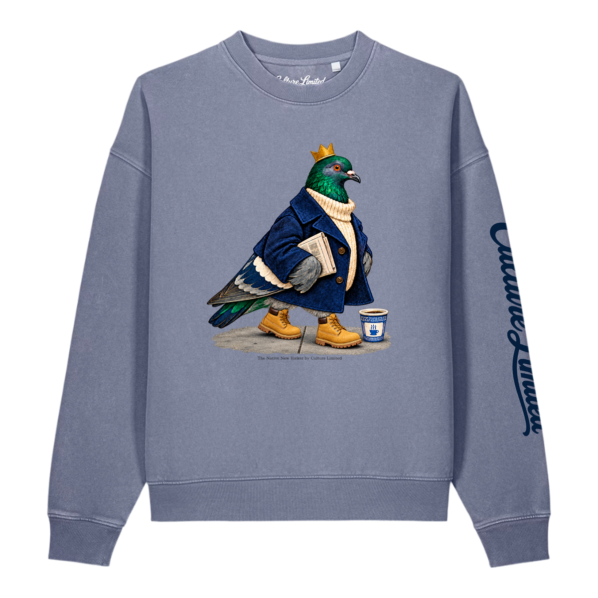 Culture Limited Native New Yorker Vintage Crewneck in Blue Grey, front view, crowned pigeon graphic and navy left sleeve script