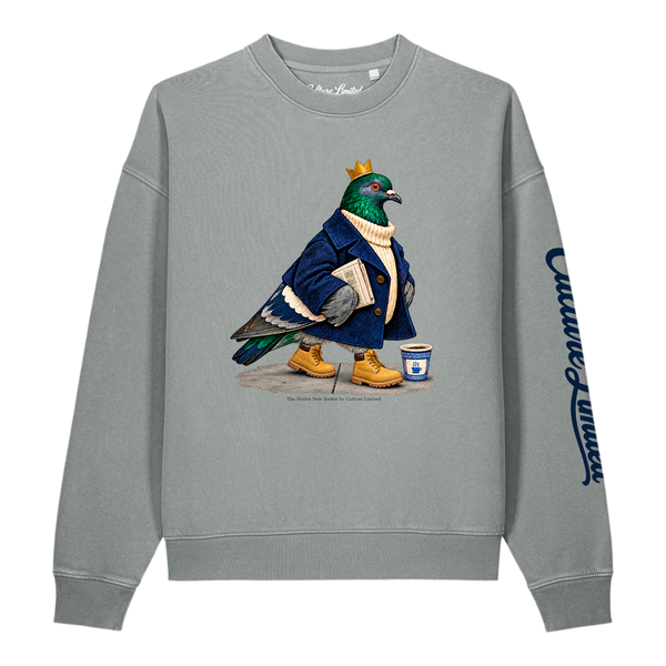 Culture Limited Native New Yorker Vintage Crewneck in Misty Grey, front view, crowned pigeon graphic and navy left sleeve script