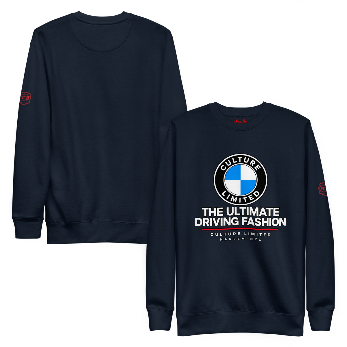 Culture Limited Ultimate Driving Fashion premium crewneck in Navy Blazer, front and back