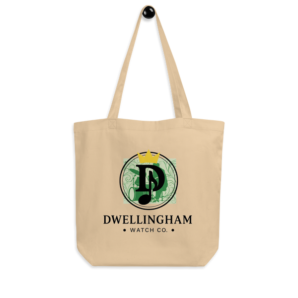 Dwellingham Watch Eco Tote Bag front view with crown monogram jazz design.