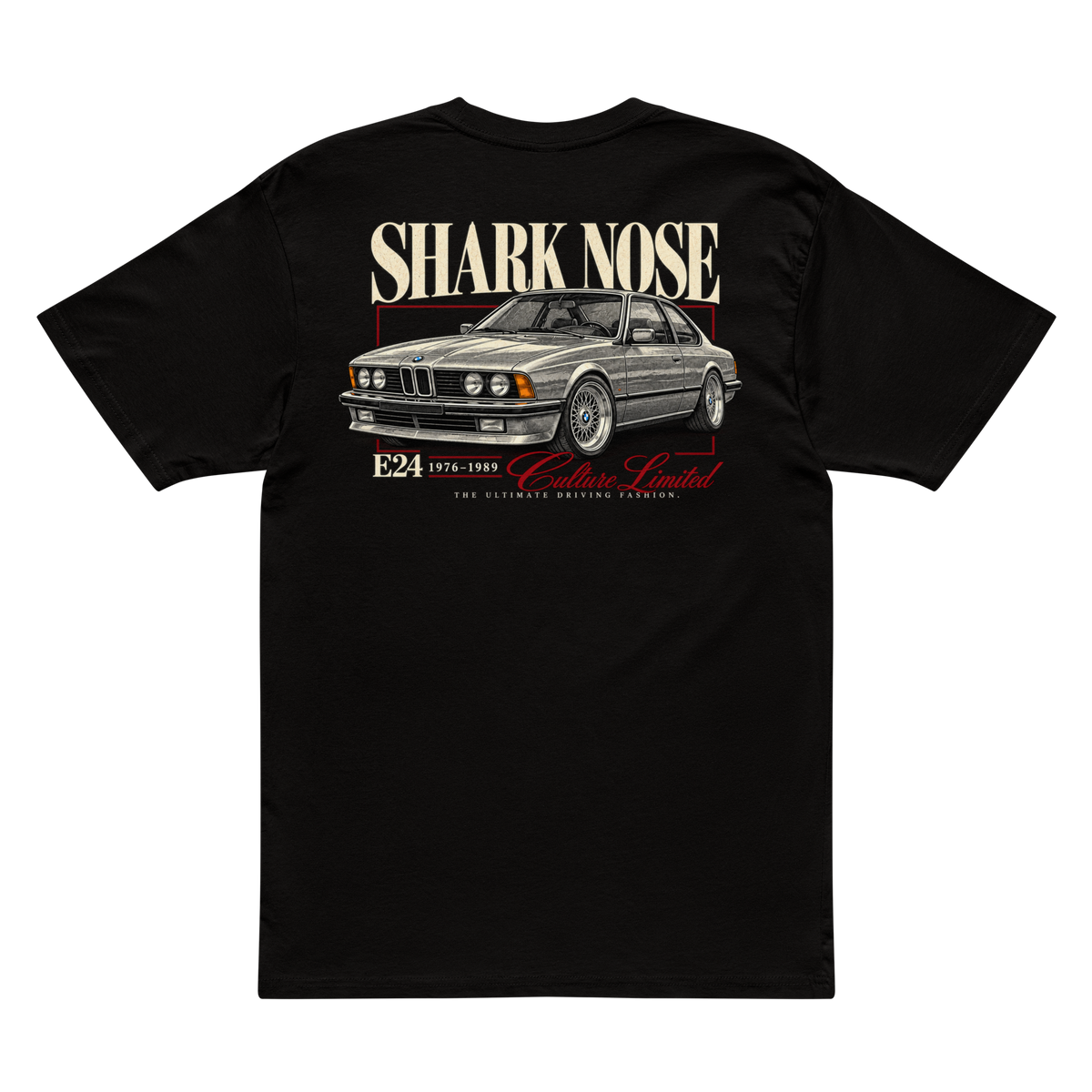 E24 Shark Nose tee in Black, large coupe illustration on back
