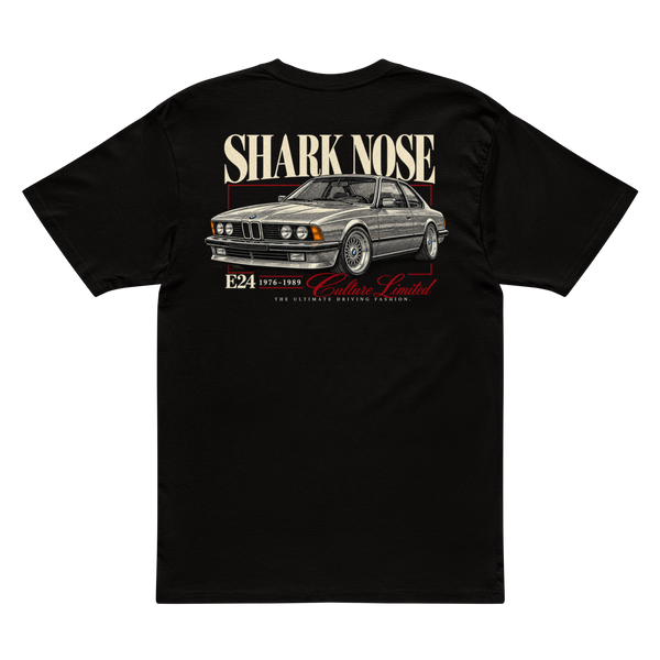 E24 Shark Nose tee in Black, large coupe illustration on back