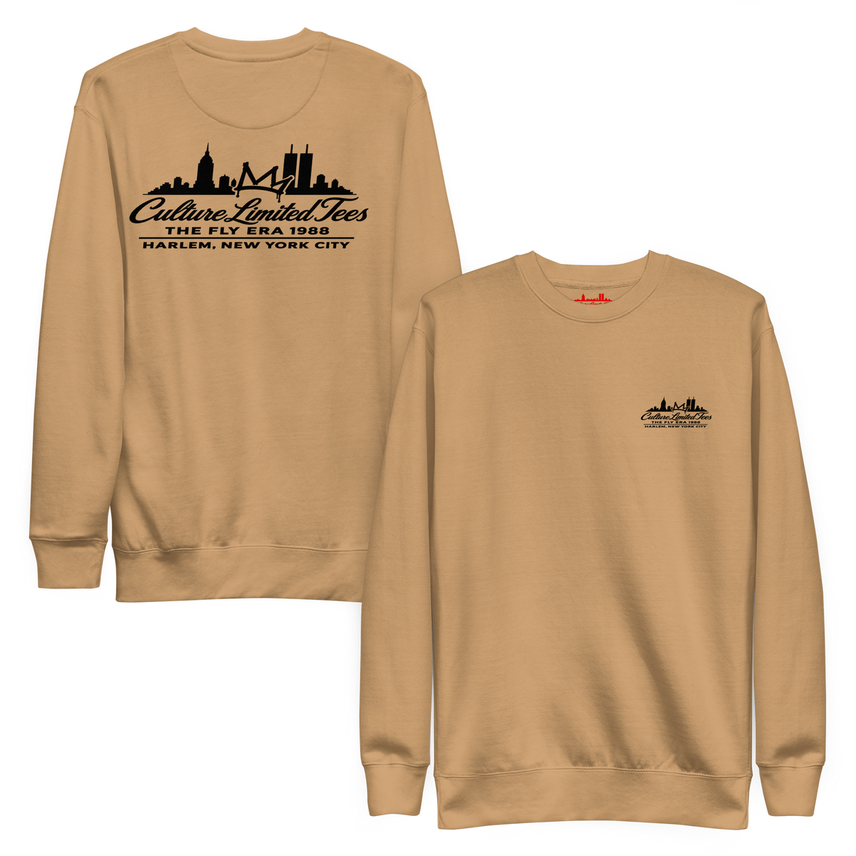 Culture Limited Fly Era 1988 Harlem NYC Crown premium crewneck in khaki with black logo, front and back