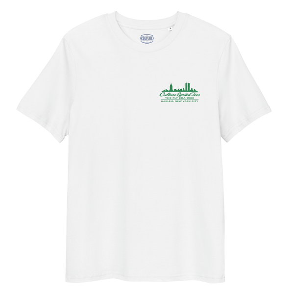 Fly Era 1988 Minimal Green Logo organic cotton tee in white with small green Harlem logo