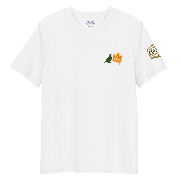 Fly Era 1988 Minimal Pigeon Crown organic cotton tee folded product detail with sleeve patch