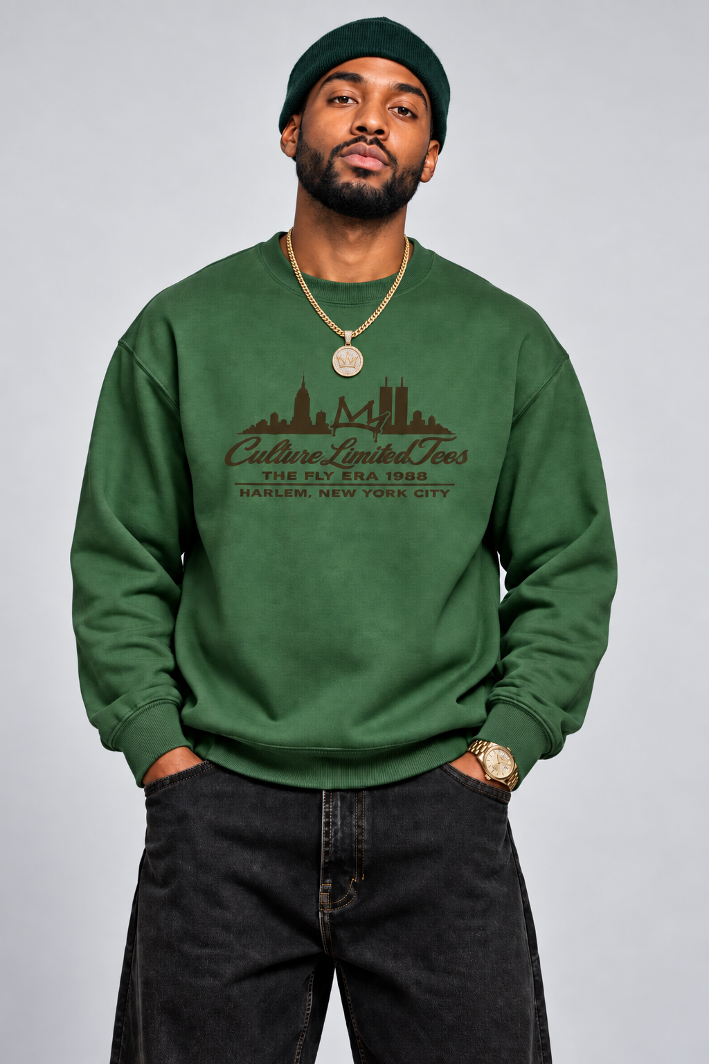 Model wearing Culture Limited Fly Era 1988 Beef and Broccoli forest green premium crewneck with brown Harlem NYC crown graphic