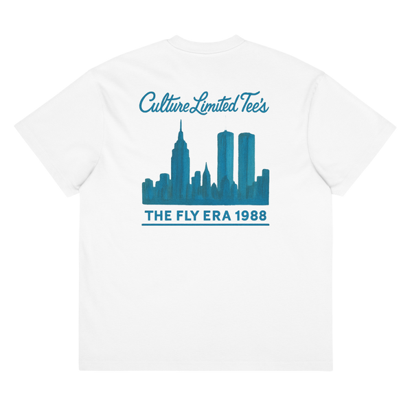 Fly Era Script NYC Skyline Tee | White Blue - Culture Limited Edition Tees