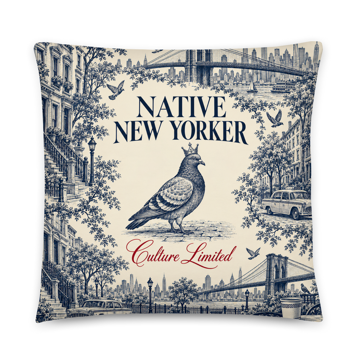 Native New Yorker City Toile Pillow in cream and navy, 22 by 22 inch front view