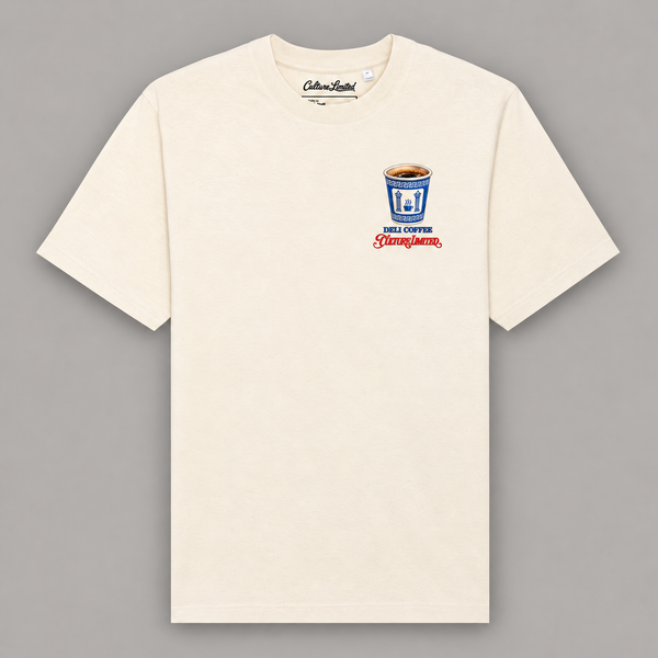 Native New Yorker The Corner Deli Natural Raw heavyweight tee, front view on a warm gray backdrop with soft shadow
