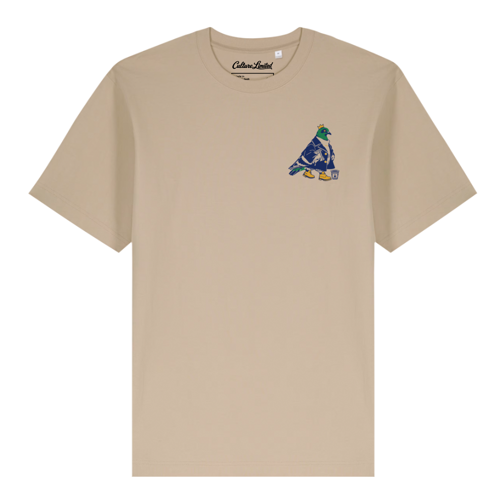 Native New Yorker Quad Color Pigeon heavyweight t-shirt in Desert Dust, crowned pigeon left-chest print and Culture Limited inside label