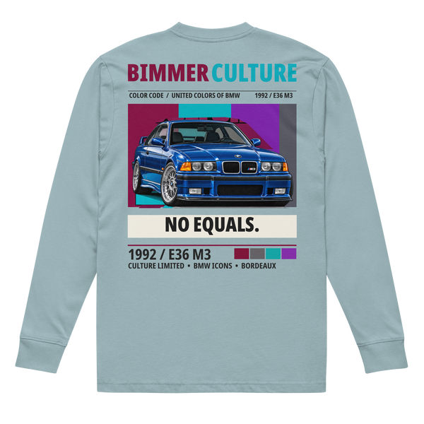 No Equals E36 M3 long sleeve tee in Agave, back view with blue car and Bordeaux, turquoise and purple color blocks