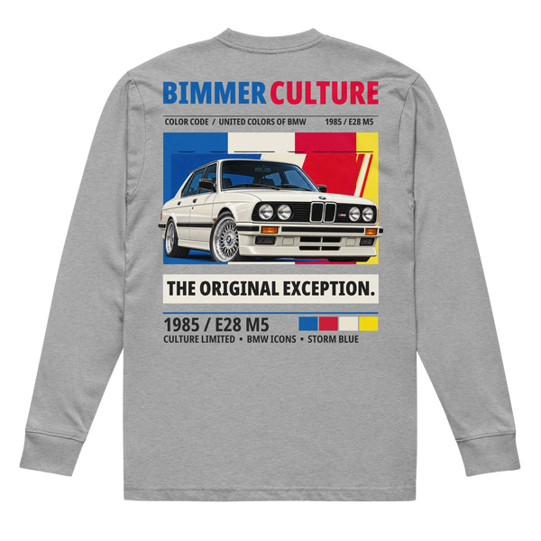 The Original Exception 1985 E28 M5 long sleeve tee in Carbon Grey, back view with white sedan and blue, red, cream and yellow artwork