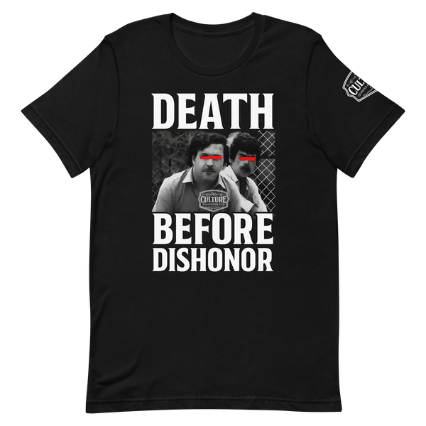 Black t-shirt with graphic design and text 'DEATH BEFORE DISHONOR' on a white background