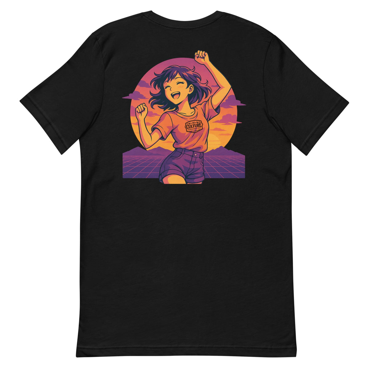 Black t-shirt with a graphic of a person in a pink shirt and shorts against a purple and orange background.