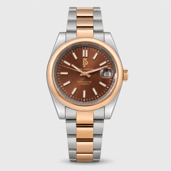 Dwellingham Rose Note 40mm two-tone rose gold and 904L stainless steel automatic watch with brown sunburst dial, front view