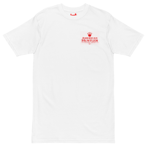 White t-shirt with a red and black logo on a white background