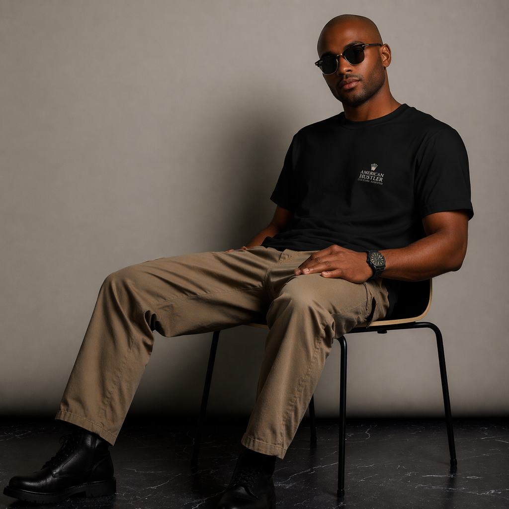 American Hustler Black Tee – Premium Minimalist Left Chest Graphic T-Shirt