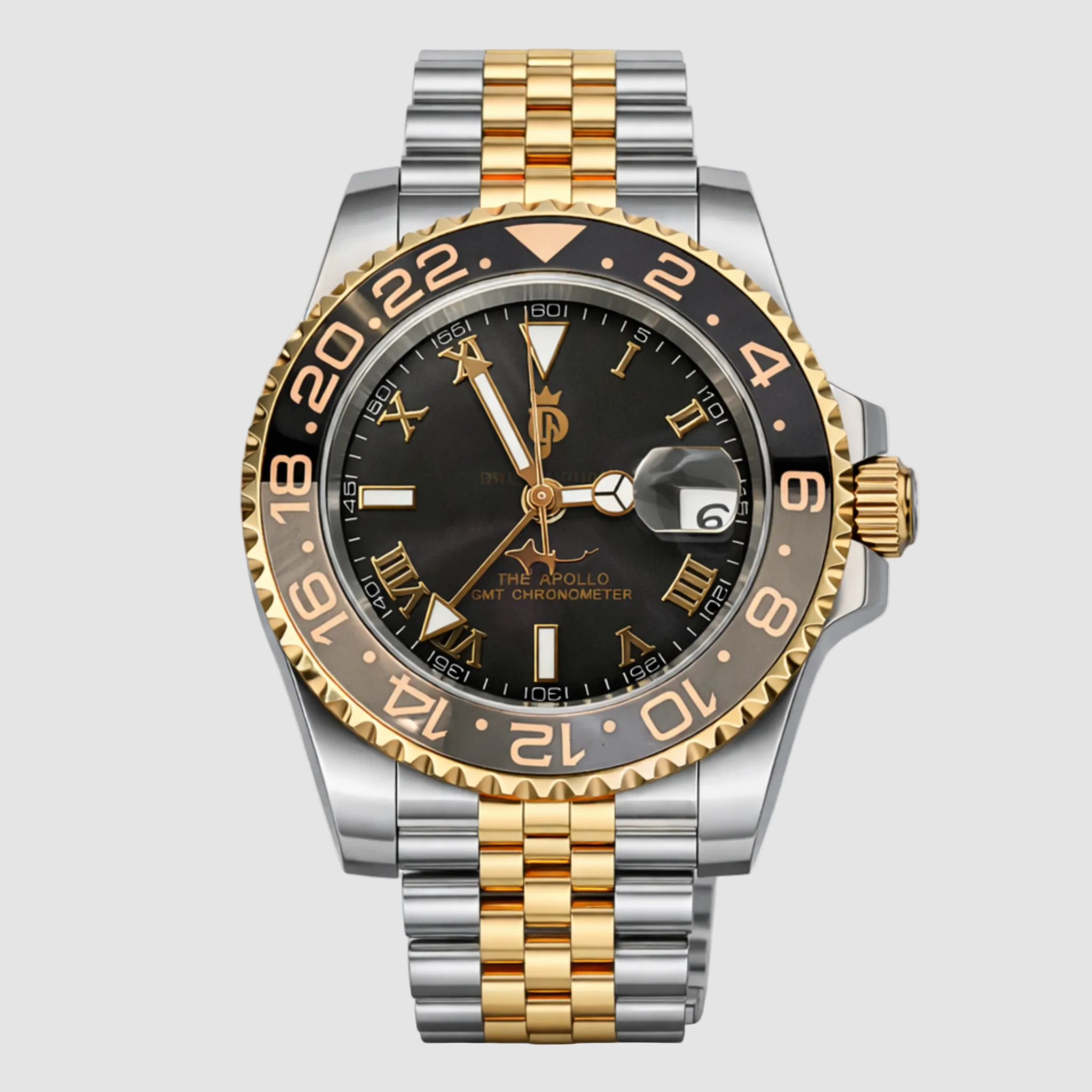 Luxury watch with gold and silver band on a white background, featuring 'The Apollo GMT Chronometer' text.
