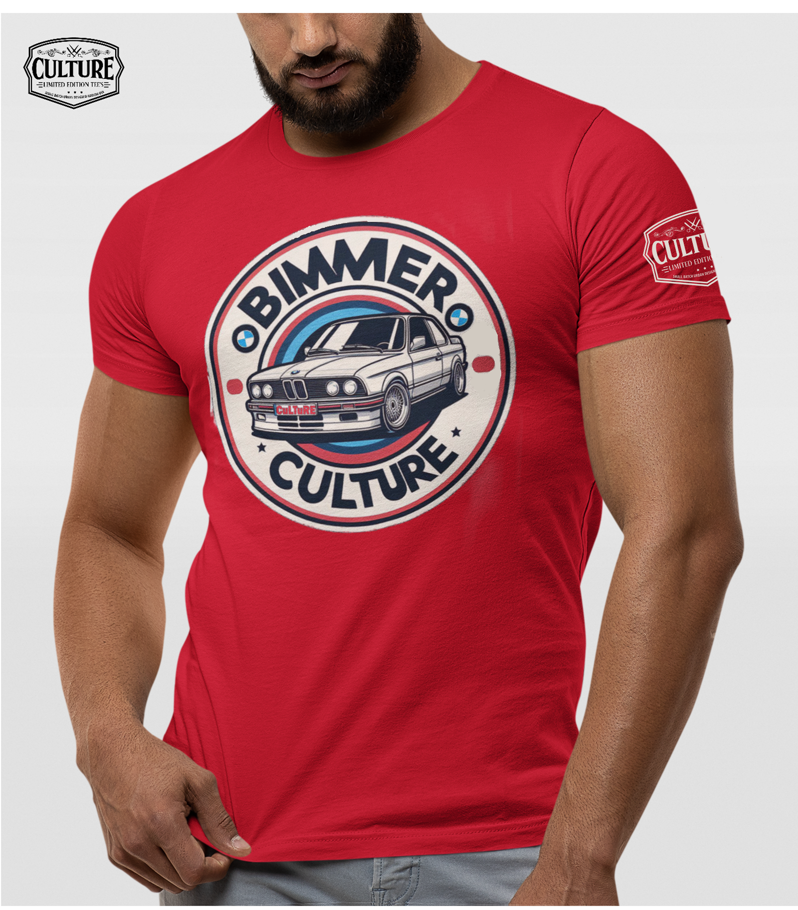 Red t-shirt with BMW 'Bimmer Culture' graphic on a white background