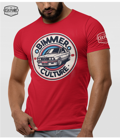 Red t-shirt with BMW 'Bimmer Culture' graphic on a white background