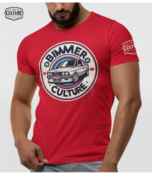 Red t-shirt with BMW 'Bimmer Culture' graphic on a white background