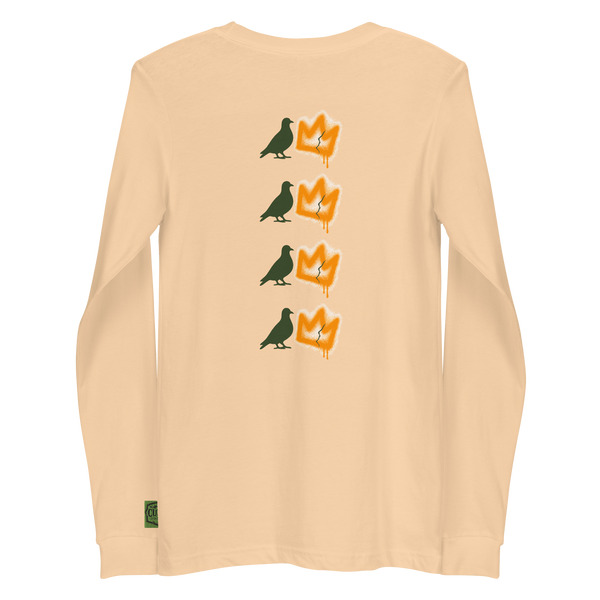 Back view of Fly Era Long Sleeve streetwear tee. Features a vertical graphic of stacked pigeons and spray-painted graffiti crowns, representing 90s Harlem culture and the rise to power. sand color