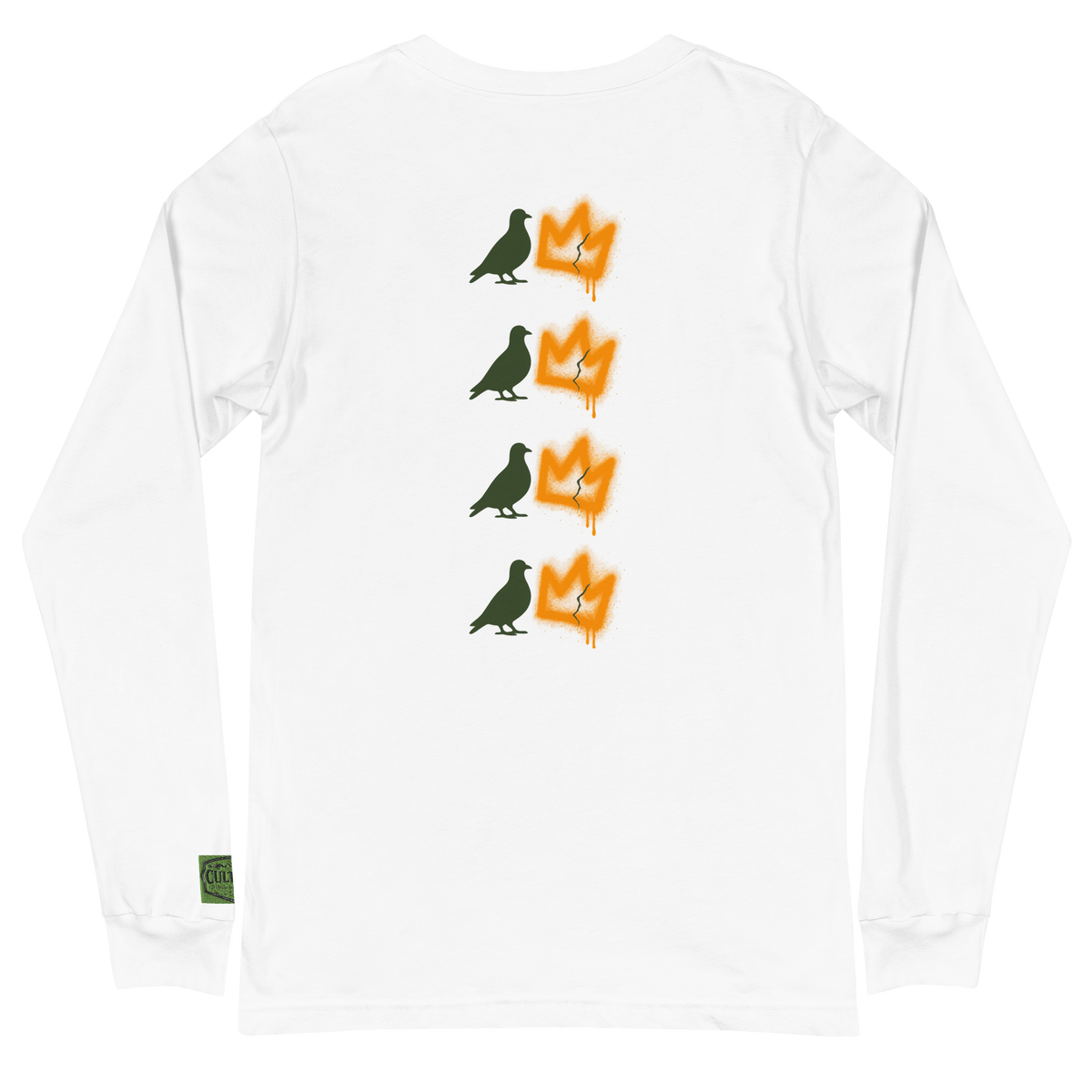 Back view of Fly Era Long Sleeve streetwear tee. Features a vertical graphic of stacked pigeons and spray-painted graffiti crowns, representing 90s Harlem culture and the rise to power.