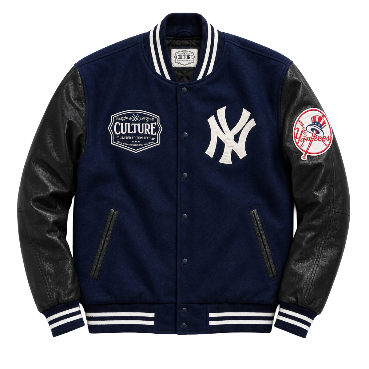 NY Yankees Aaron Boone Navy Varsity Jacket with Pure Leather Sleeves