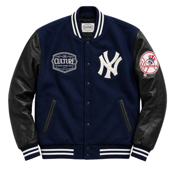 NY Yankees Aaron Boone Navy Varsity Jacket with Pure Leather Sleeves
