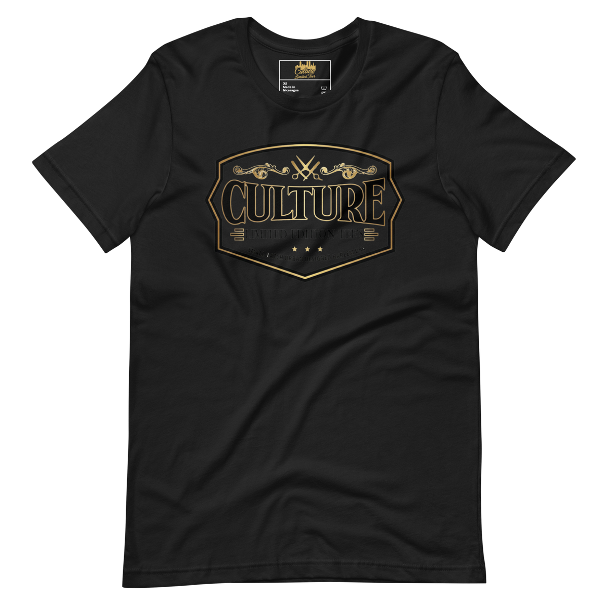 Black t-shirt with 'CULTURE' graphic design on a white background