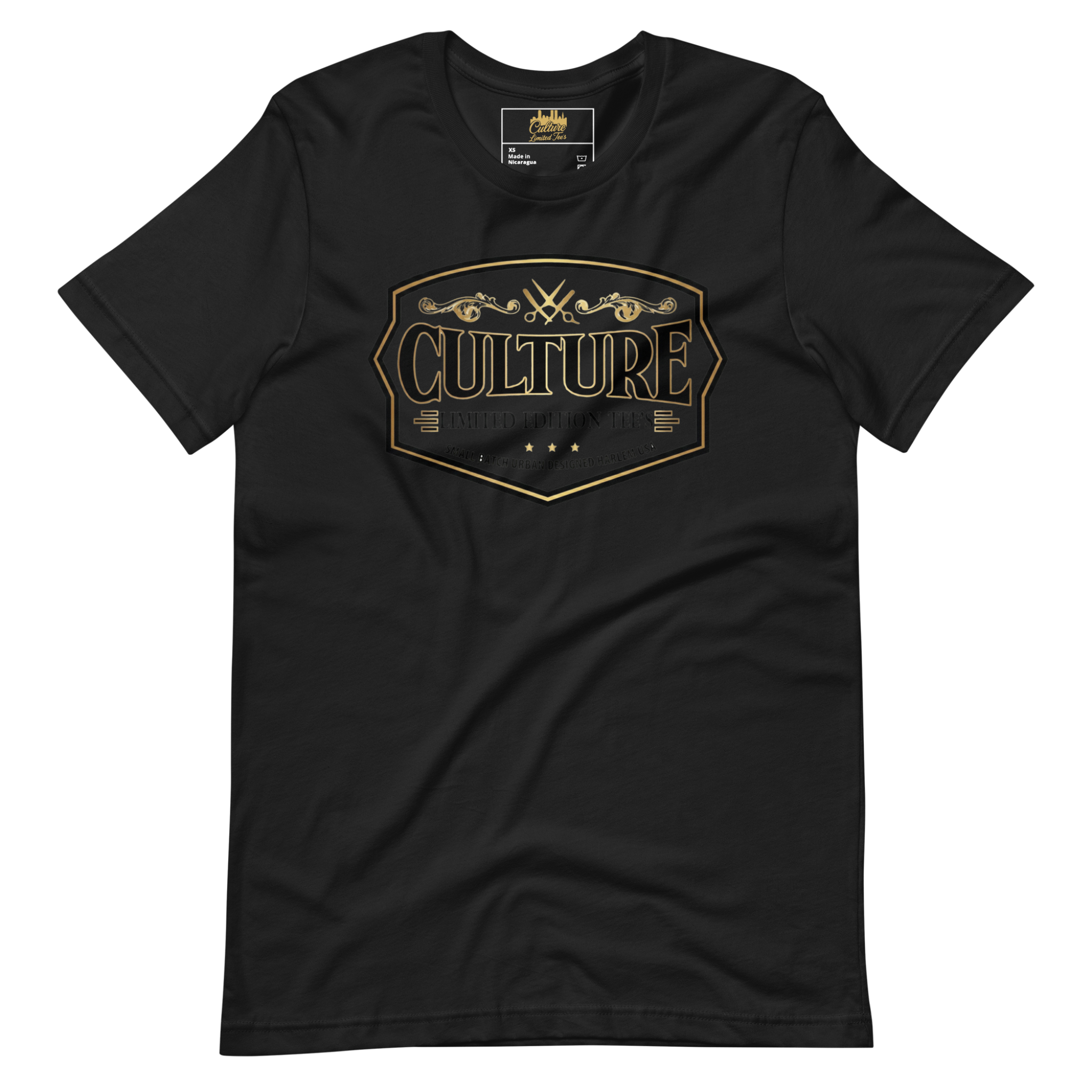 Black t-shirt with 'CULTURE' graphic design on a white background