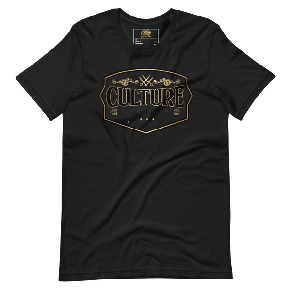 Black t-shirt with 'CULTURE' graphic design on a white background
